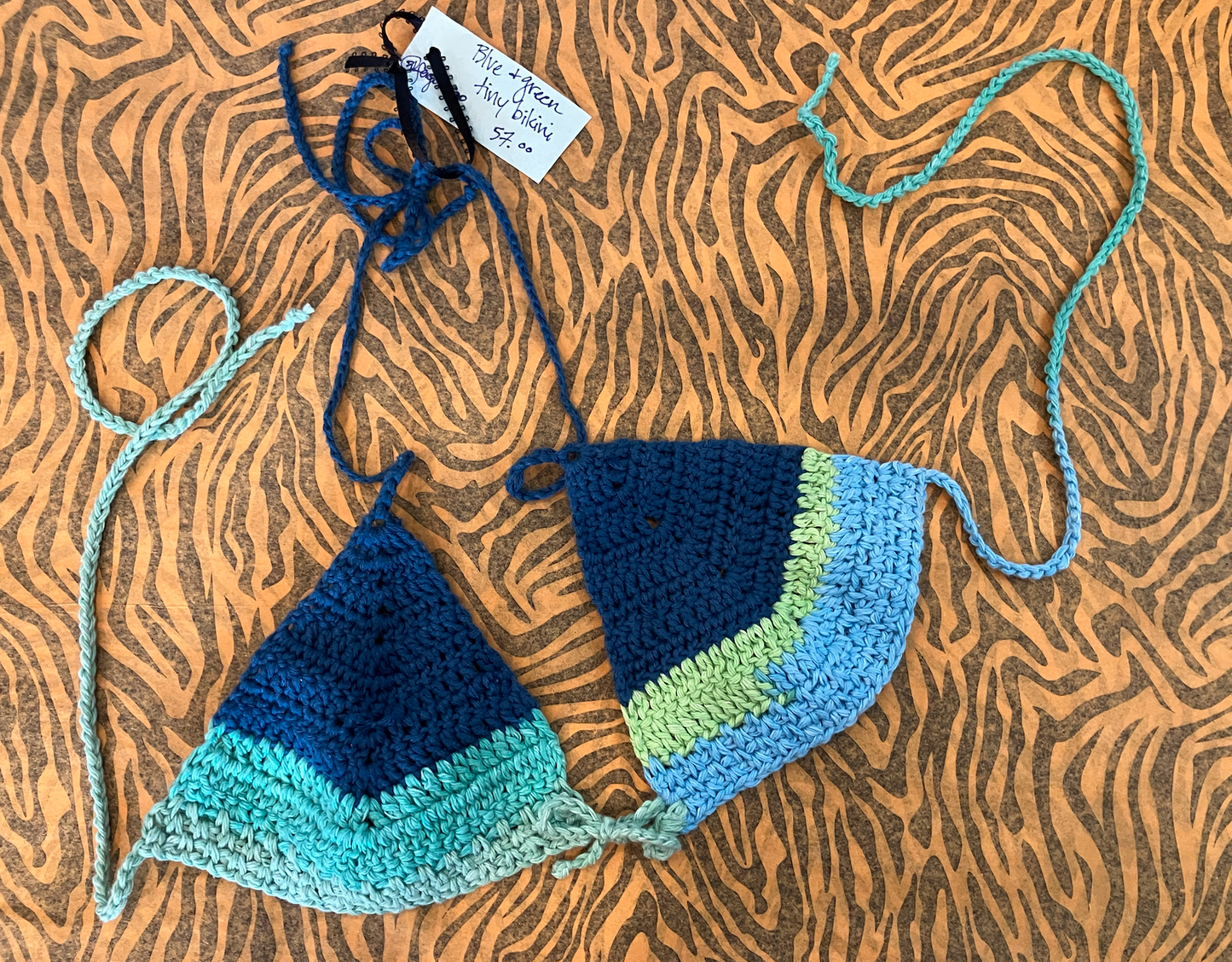blue and green tiny bikini top