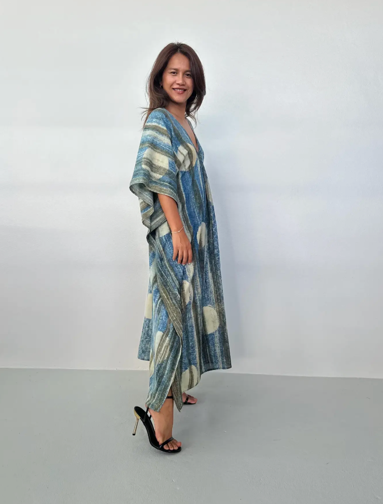 Lyla Natural Hand-Dyed Cotton Kaftan in Blueberry & Cream