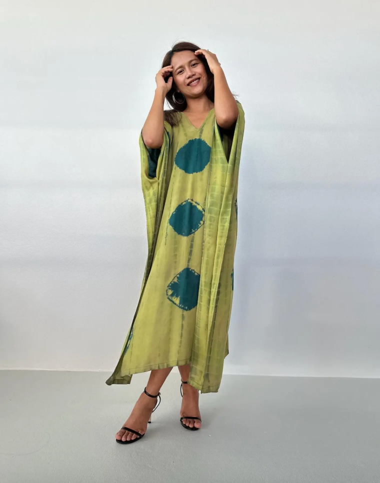 Mala Kaftan in Lime & Jade Polka Dot Tie Dye