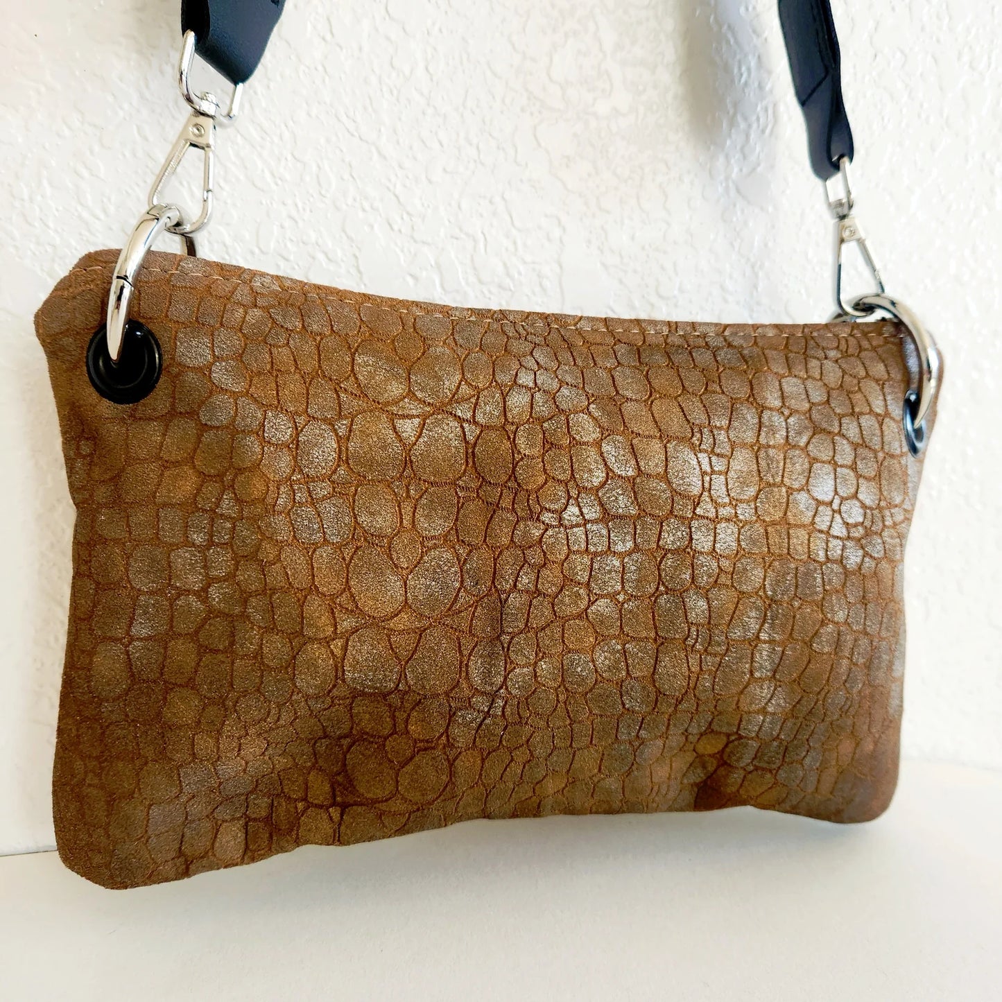 distressed croc floral crossbody bag