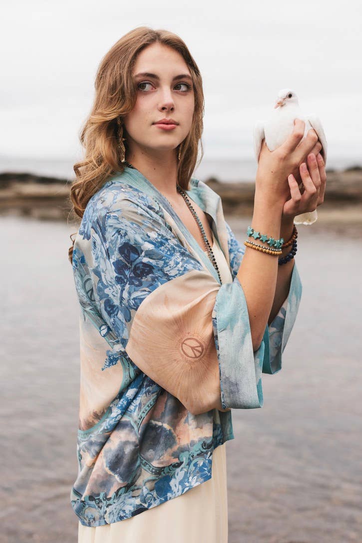 Peace Out Cropped Kimono Pixie Duster with Doves and Sunrise