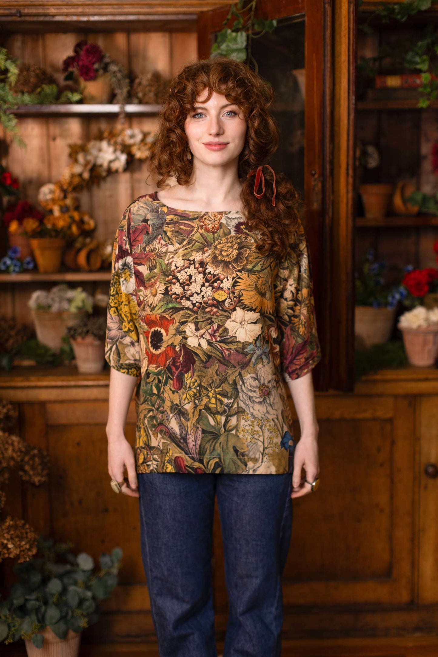 Golden Hour Luxe Tee Floral Tunic Shirt with Swallow
