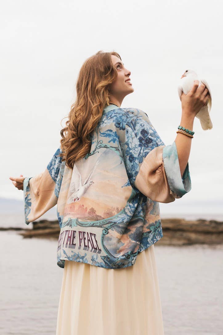 Peace Out Cropped Kimono Pixie Duster with Doves and Sunrise