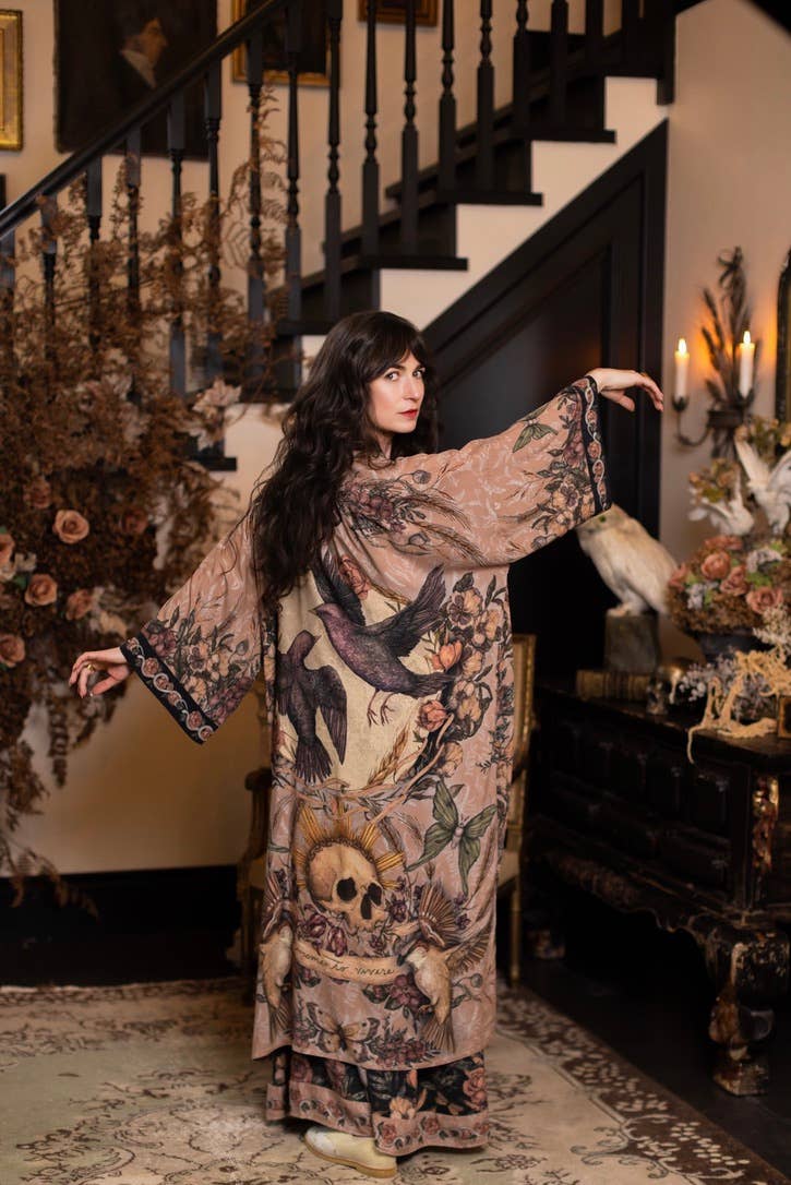 Momento Opera Duster Kimono Robe w/ Starling & Skull