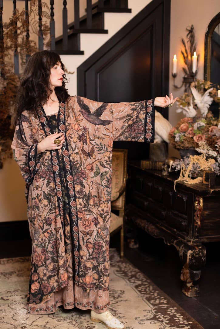 Momento Opera Duster Kimono Robe w/ Starling & Skull