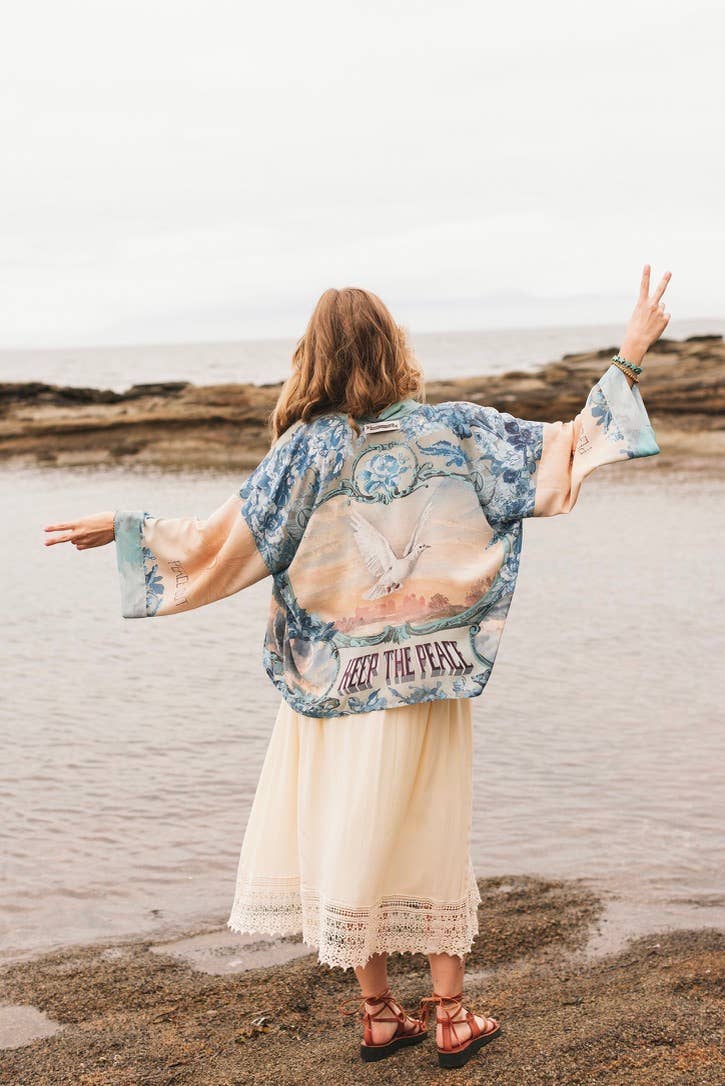 Peace Out Cropped Kimono Pixie Duster with Doves and Sunrise