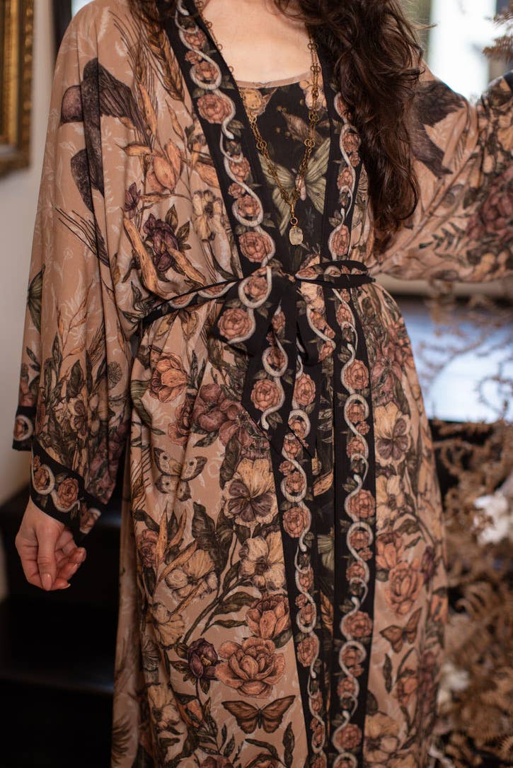 Momento Opera Duster Kimono Robe w/ Starling & Skull