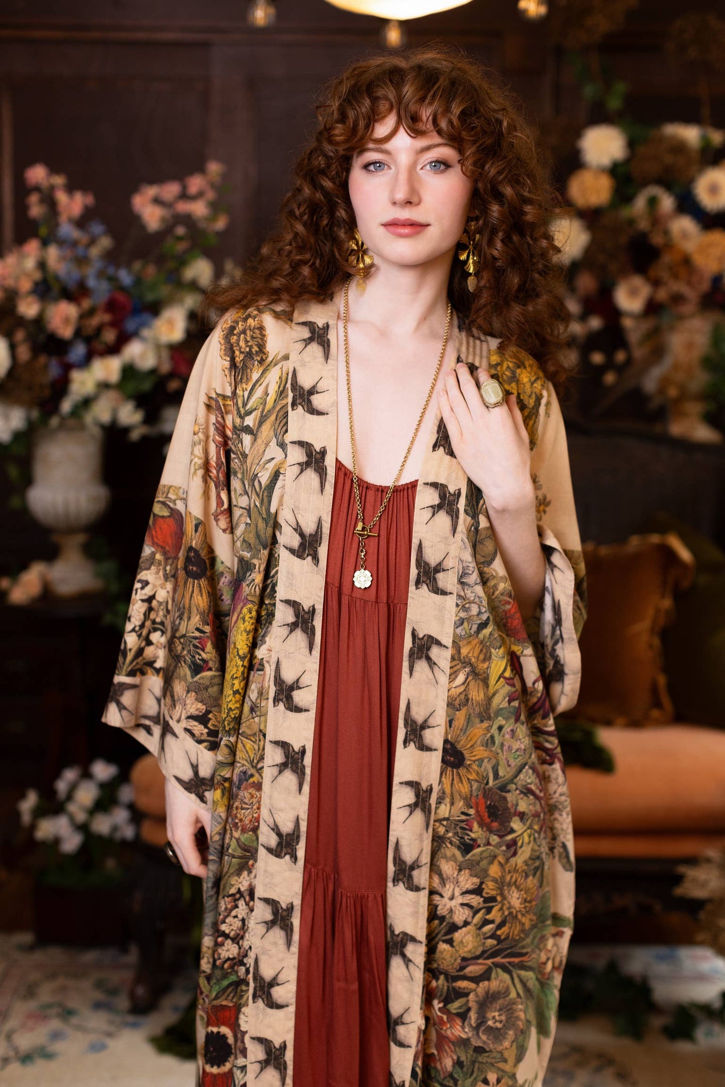 Golden Hour Opera Duster Kimono Robe w/ floral print
