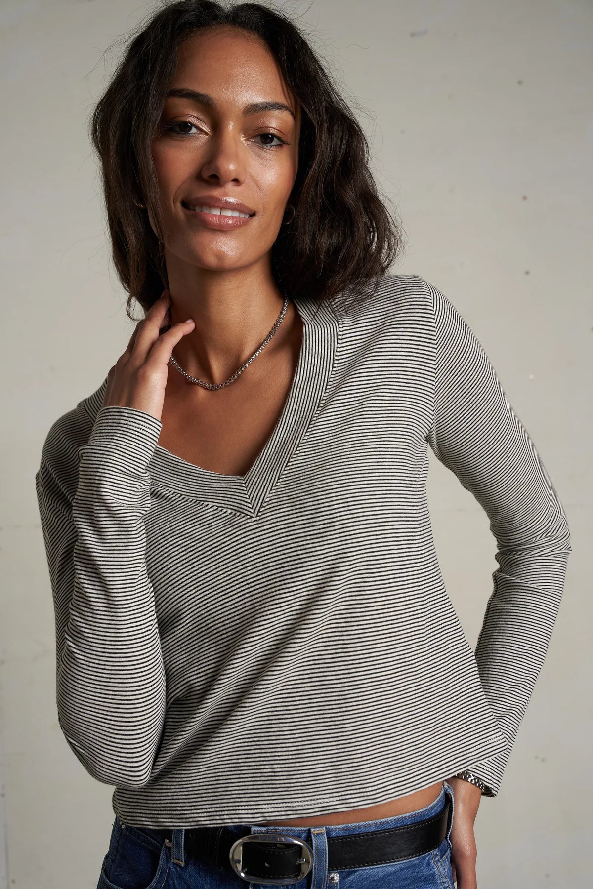 Fiona Stripe Cotton V neck Tee