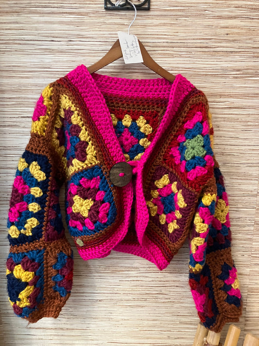 Hot Pink Granny Bomber w/ Big Button
