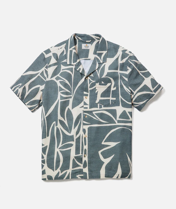 stretch selvage resort shirt - olive abstract palm