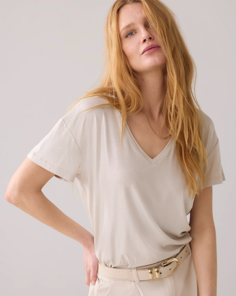 Shiny V-Neck Top Beige