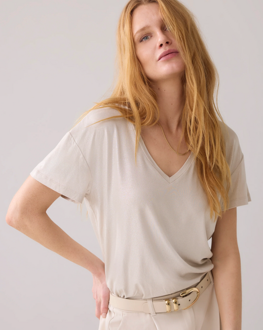 Shiny V-Neck Top Beige
