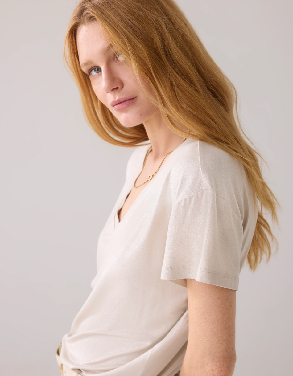 Shiny V-Neck Top Beige