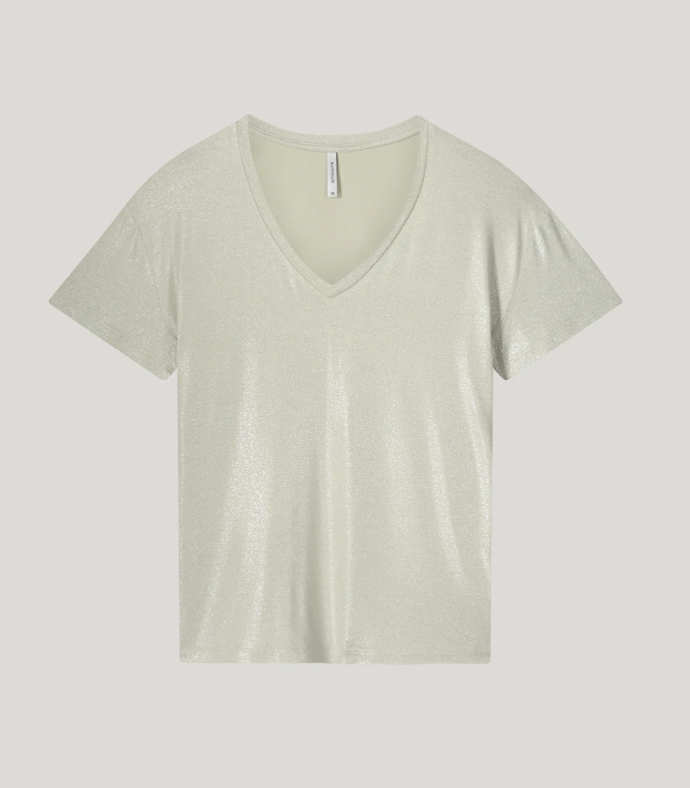 Shiny V-Neck Top Beige