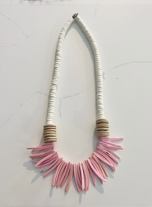 Pink & Tan Coconut Wood Stick & Disk Bead Necklace