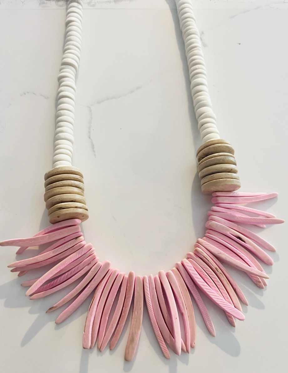 Pink & Tan Coconut Wood Stick & Disk Bead Necklace