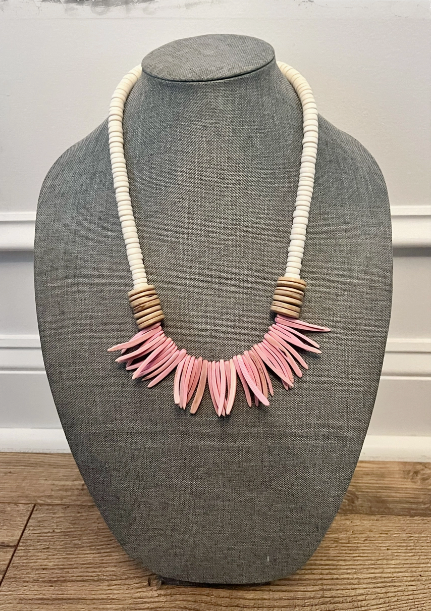 Pink & Tan Coconut Wood Stick & Disk Bead Necklace
