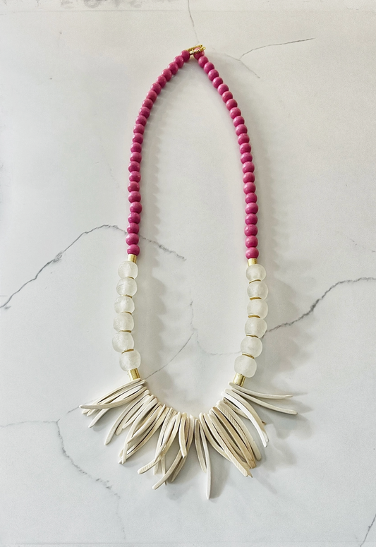 Recycled Glass Bead & White Wood Necklace Pink