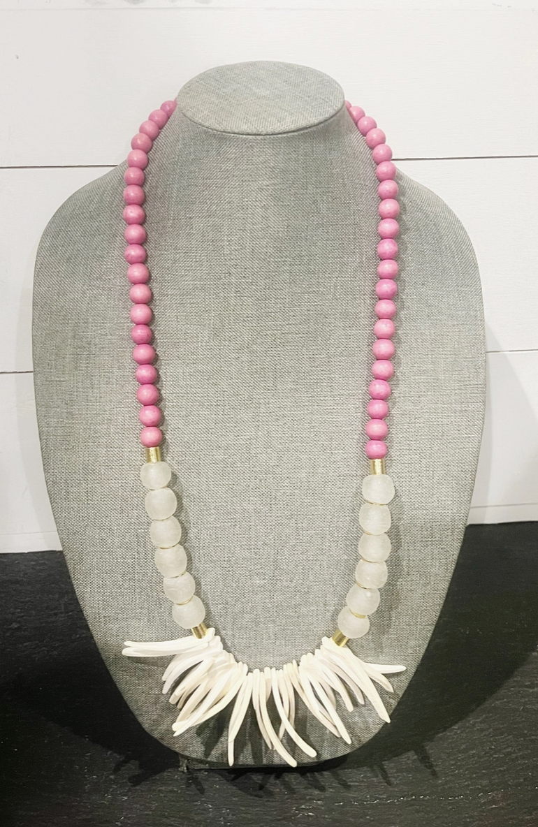 Recycled Glass Bead & White Wood Necklace Pink