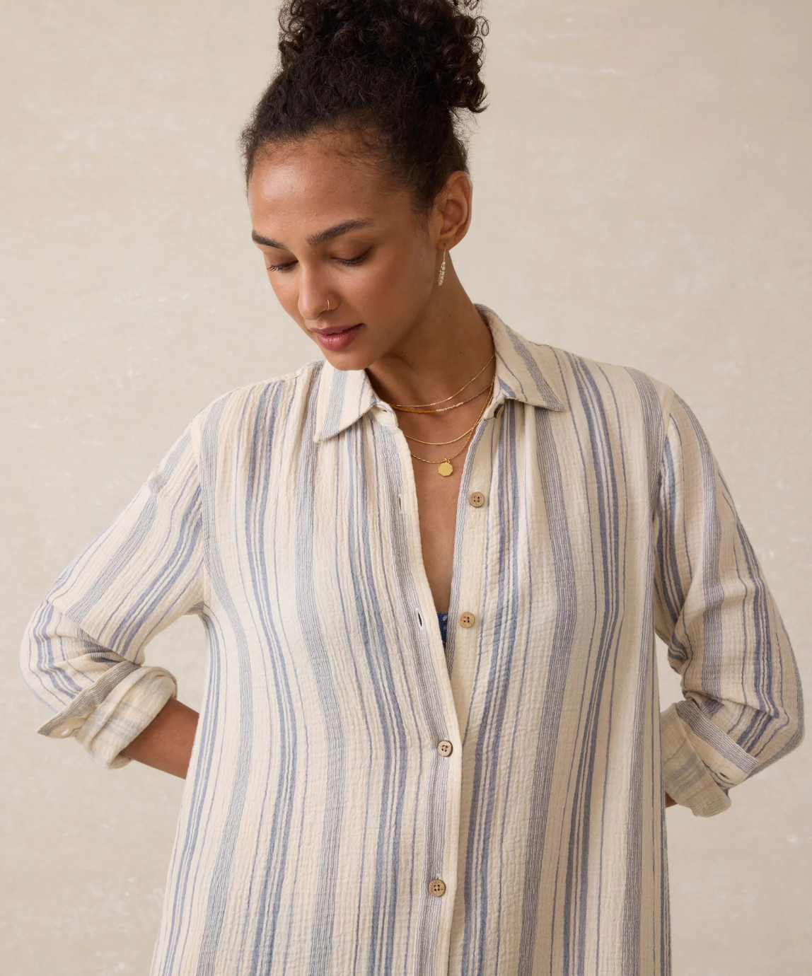 Dune Cotton Gauze Isla Shirtdress - Aqua Sea Stripe