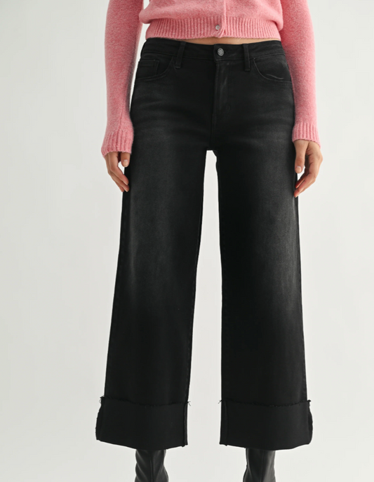 Scissor Cut Cuffed Slim Wide Leg Jeans