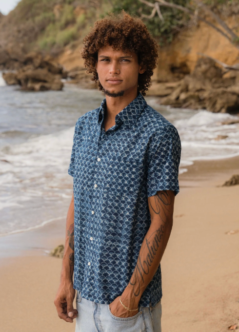 Indigo Scales - Mens Short Sleeve Button Down