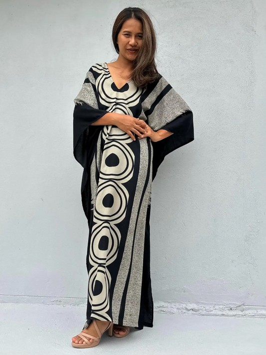 Luna Handmade Kaftan in Black & White Echoeye Tribal Pattern
