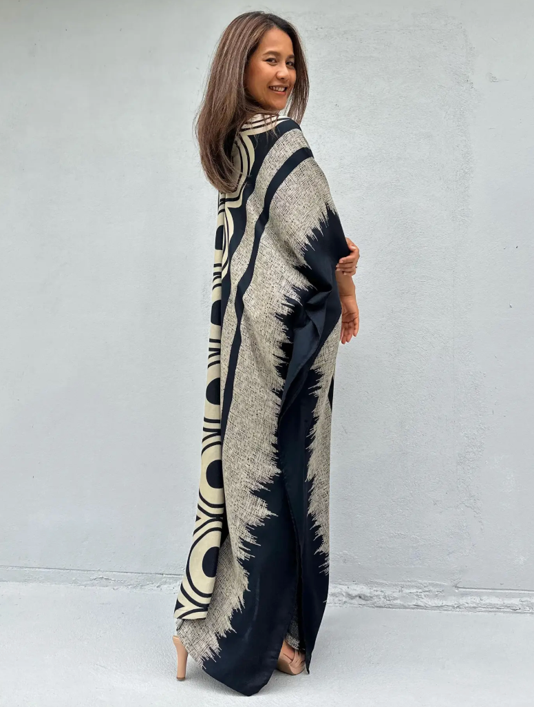 Luna Handmade Kaftan in Black & White Echoeye Tribal Pattern