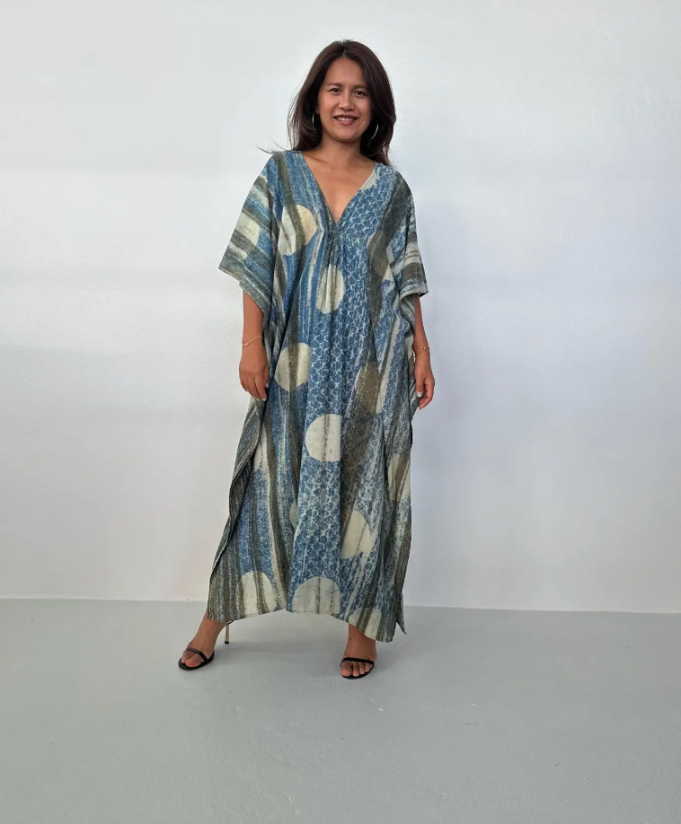 Lyla Natural Hand-Dyed Cotton Kaftan in Blueberry & Cream