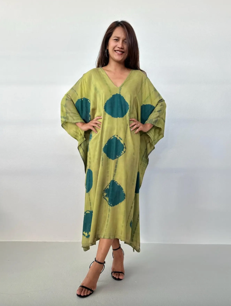 Mala Kaftan in Lime & Jade Polka Dot Tie Dye