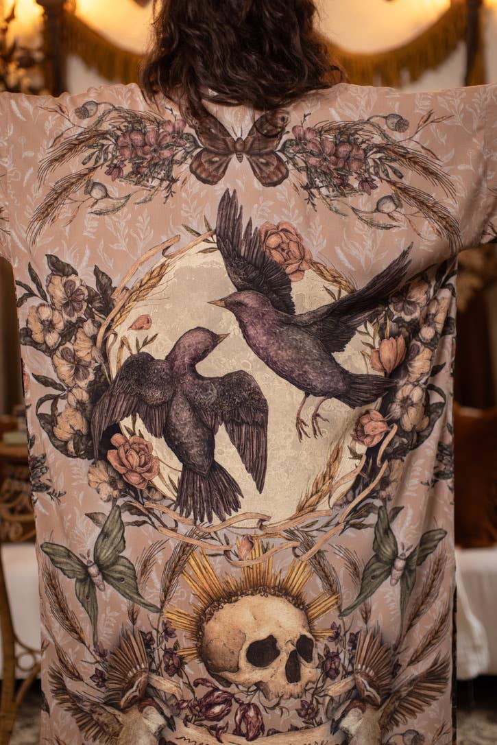 Momento Opera Duster Kimono Robe w/ Starling & Skull