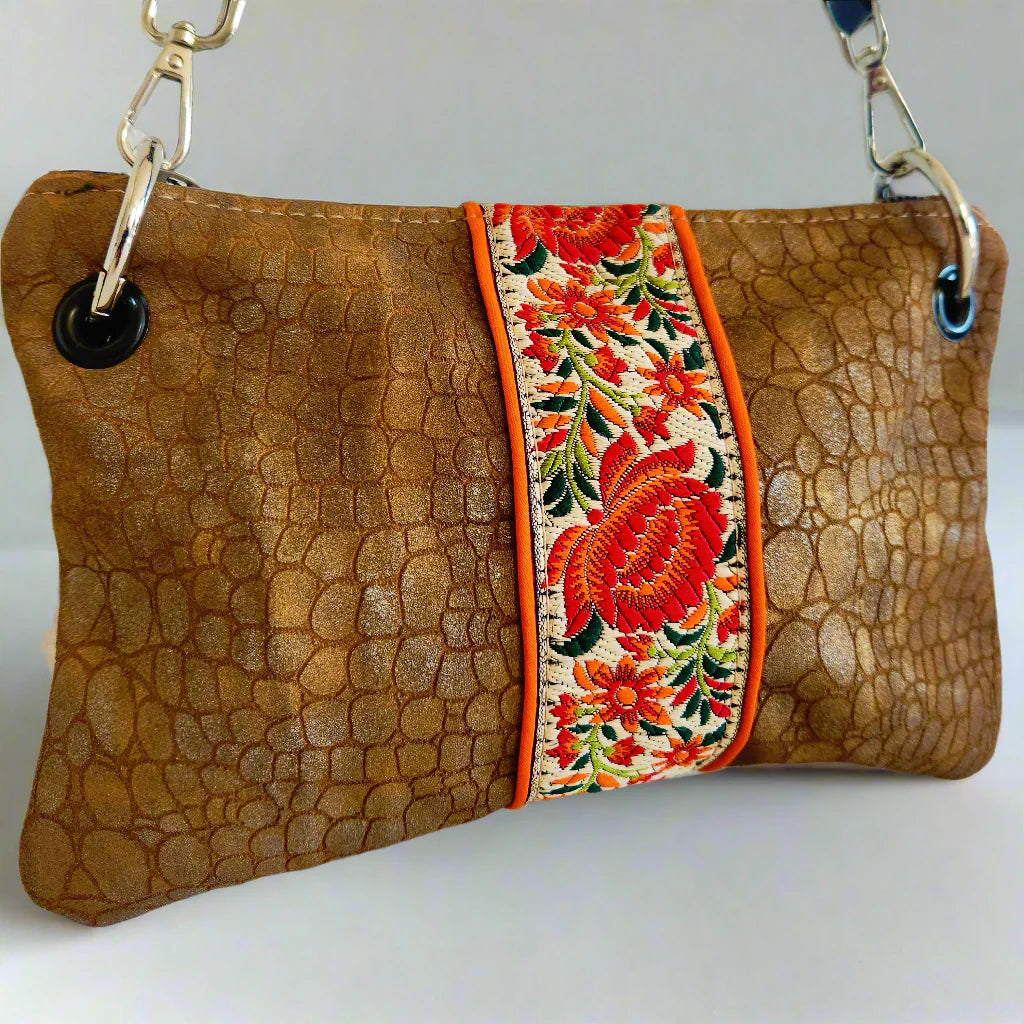 distressed croc floral crossbody bag
