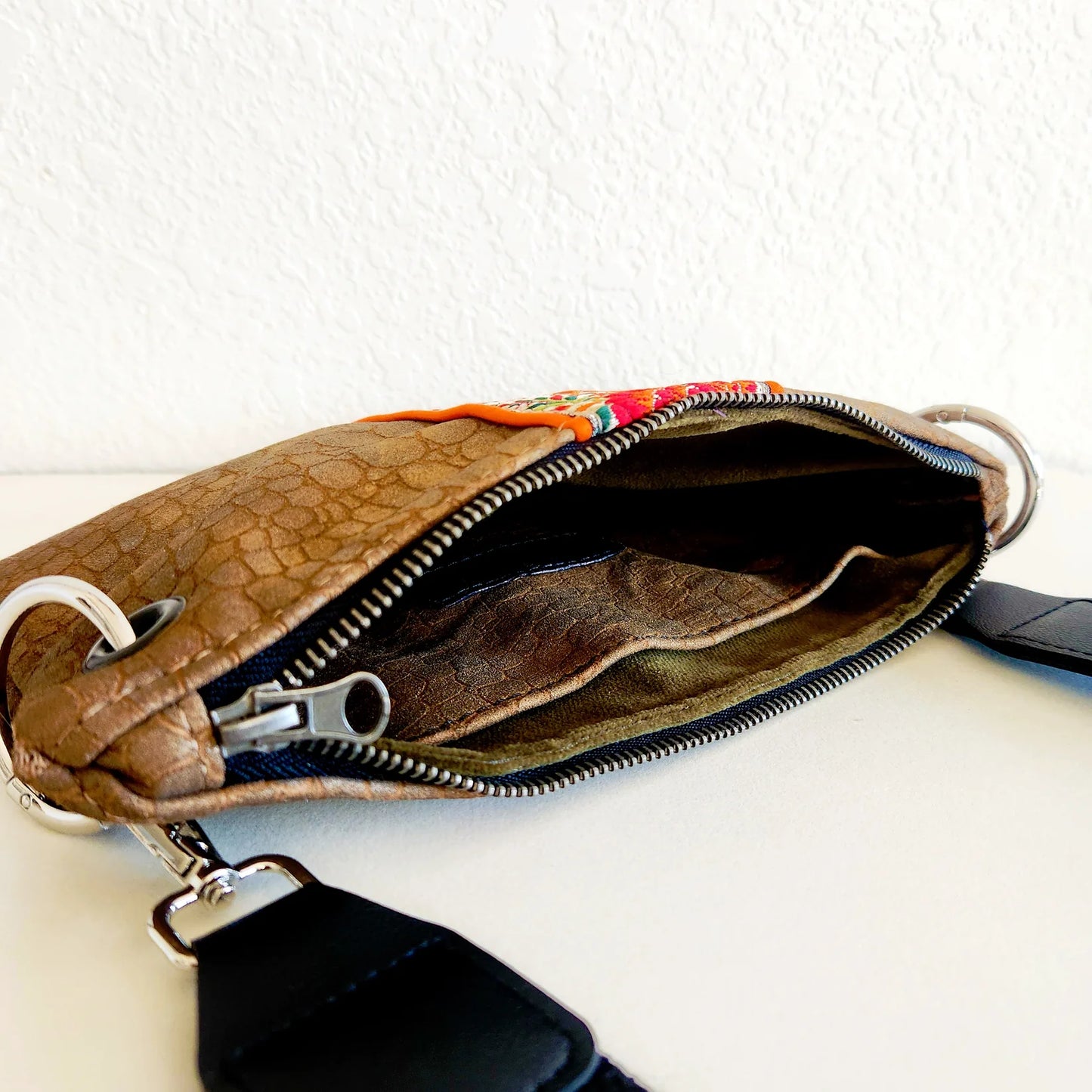 distressed croc floral crossbody bag