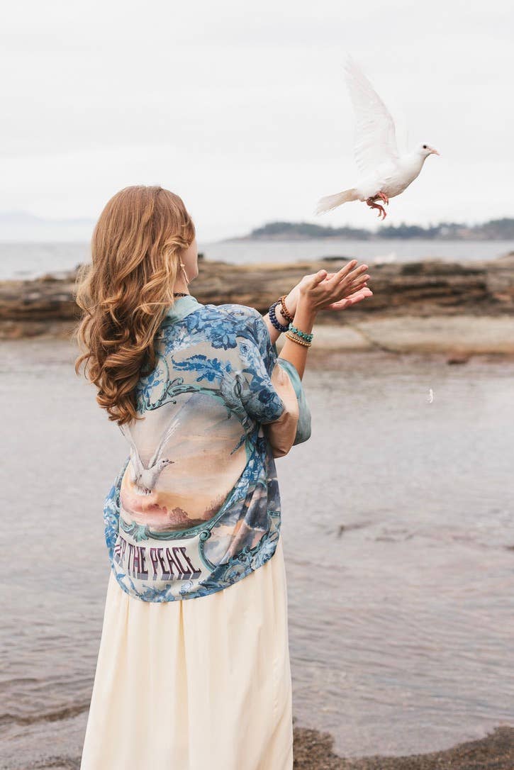 Peace Out Cropped Kimono Pixie Duster with Doves and Sunrise