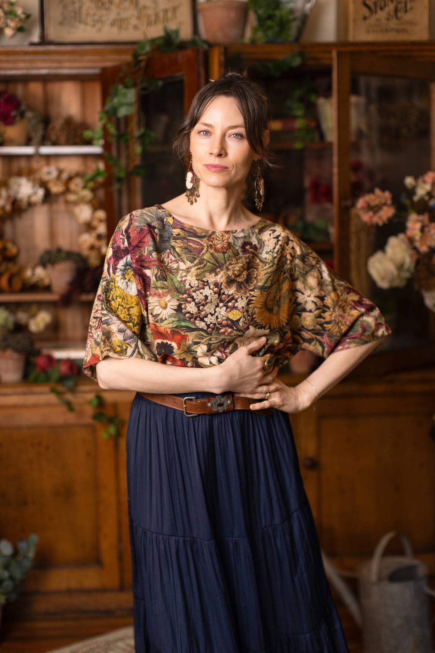 Golden Hour Luxe Tee Floral Tunic Shirt with Swallow