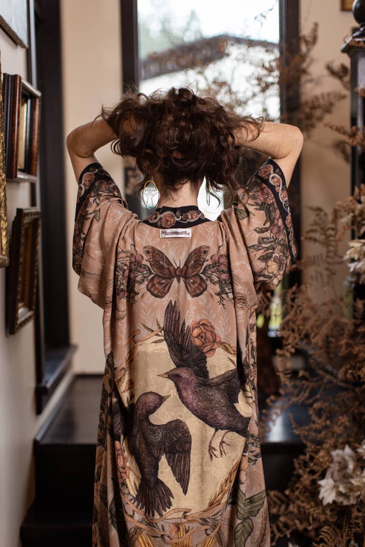 Momento Opera Duster Kimono Robe w/ Starling & Skull