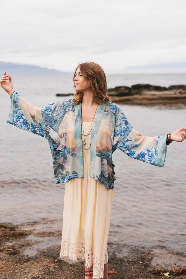 Peace Out Cropped Kimono Pixie Duster with Doves and Sunrise