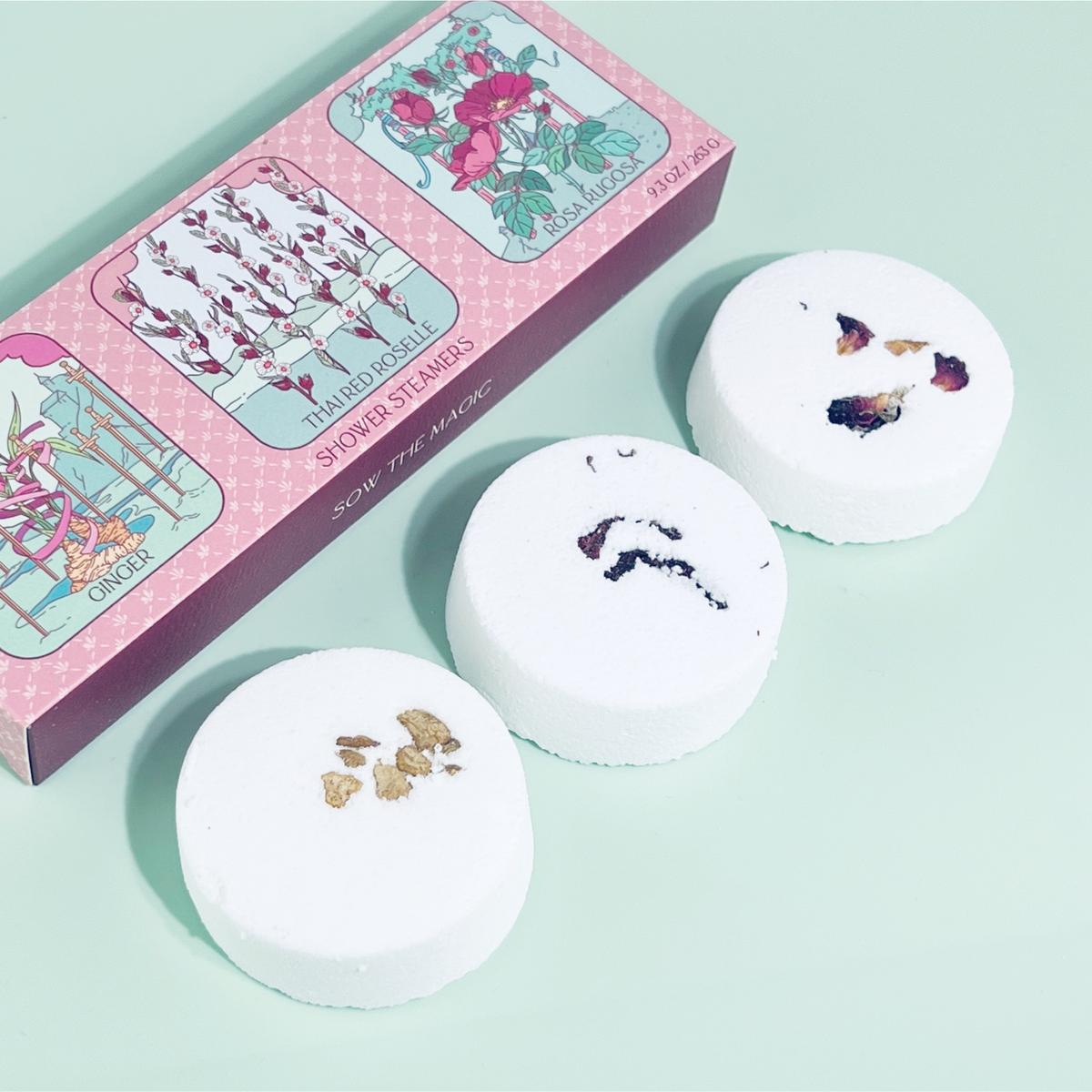 flower tarot shower steamer trio with botanicals