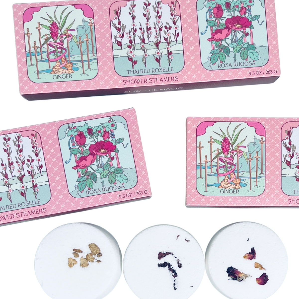 flower tarot shower steamer trio with botanicals